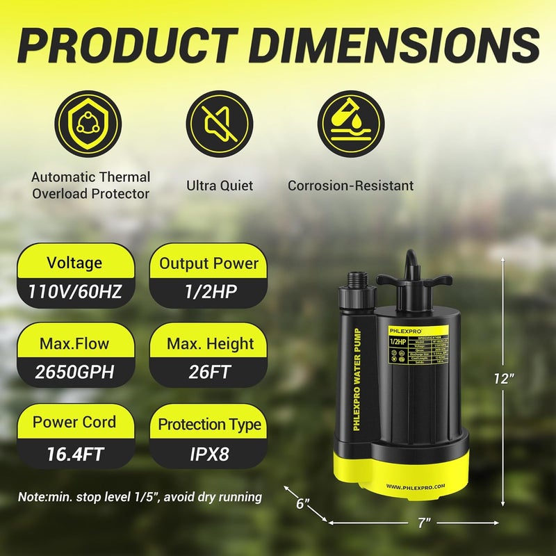 PHLEX PRO Sump Pump 1/2HP Submersible Water Pump, 2650GPH Utility Pump Thermoplastic Electric Portable Transfer Water Pump for Swimming Pool Garden Pond Basement with 16.4ft Long Power Cord - Image 2